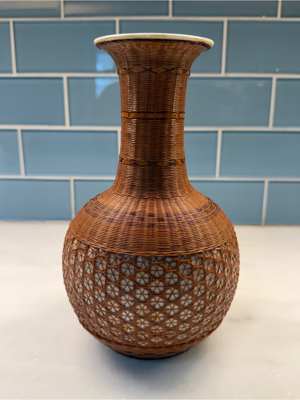 Vintage Chinese Porcelain Vase Woven Rattan Bamboo Basket Weave 9” Made China